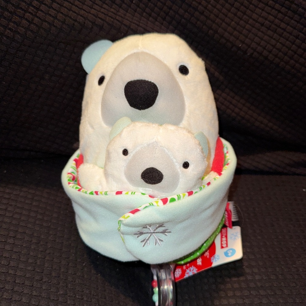 Skip Hop Hug & Hide Polar Bear with Peek-a-boo baby bear Rattle Toy Plush 9" NWT
